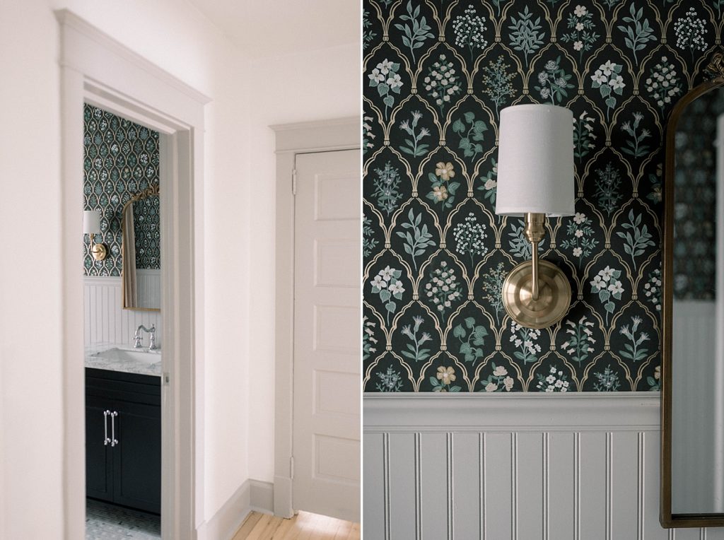 This dark marble bathroom is a stark contrast from what it was before – cramped and in need of work. The Rifle Paper Co Hawthorne wallpaper contrasts perfectly with all of the marble tile from The Tile Shop. The sconces from Signature Hardware, the antique brass mirror from Kate & Laurel, and the Farrow and Ball Purbeck Stone painted beadboard tie the whole space together.